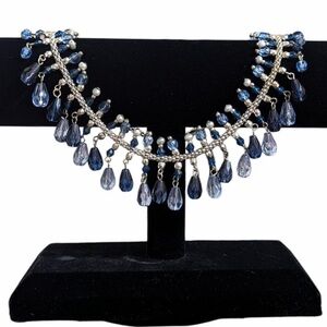 Vintage Avon Blue & Silver Crystal Double Fringe Choker Necklace Silver Plated